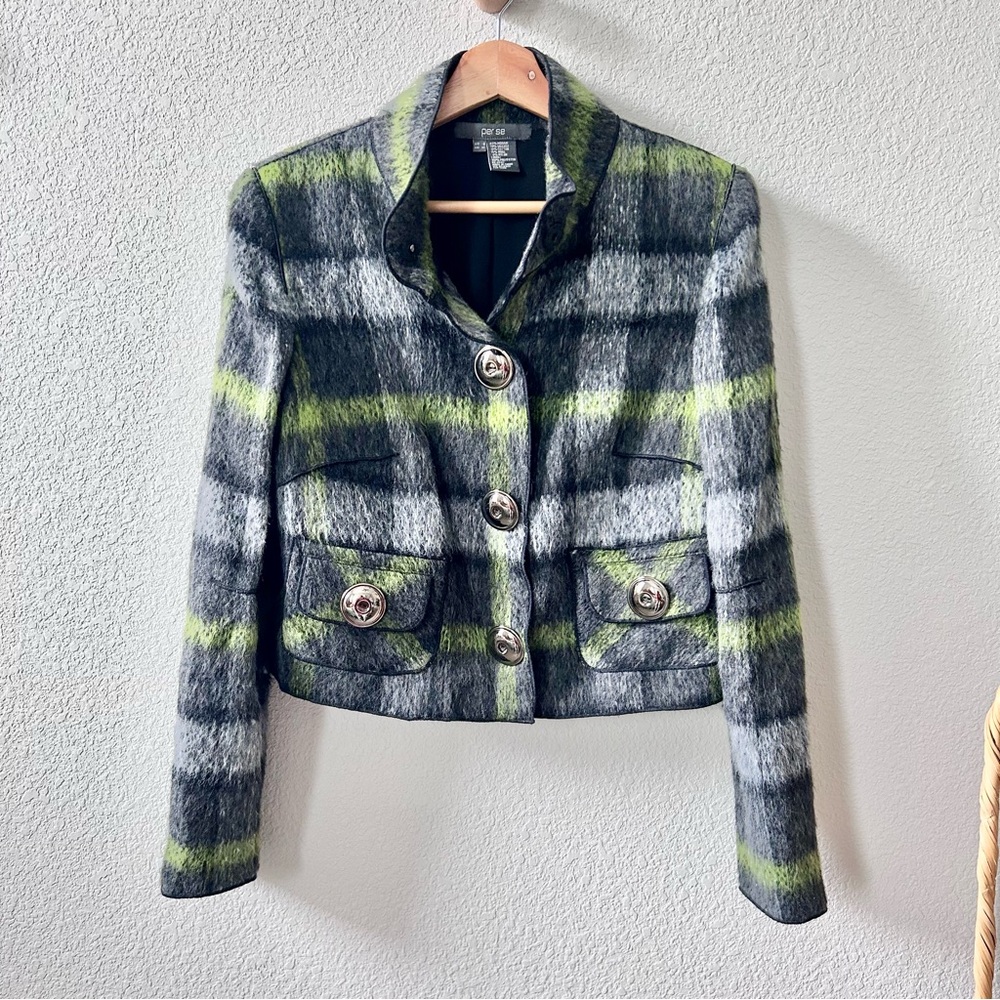 Per Se Plaid Mohair Blend Jacket with Statement Buttons Size 8 Fuzzy Black Green